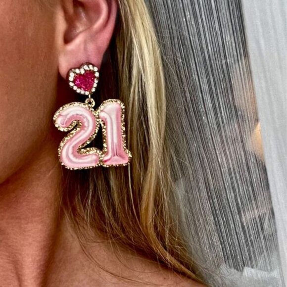 HAPPY BIRTHDAY PINK 21 YEARS OLD EARRINGS NEW - Picture 1 of 2